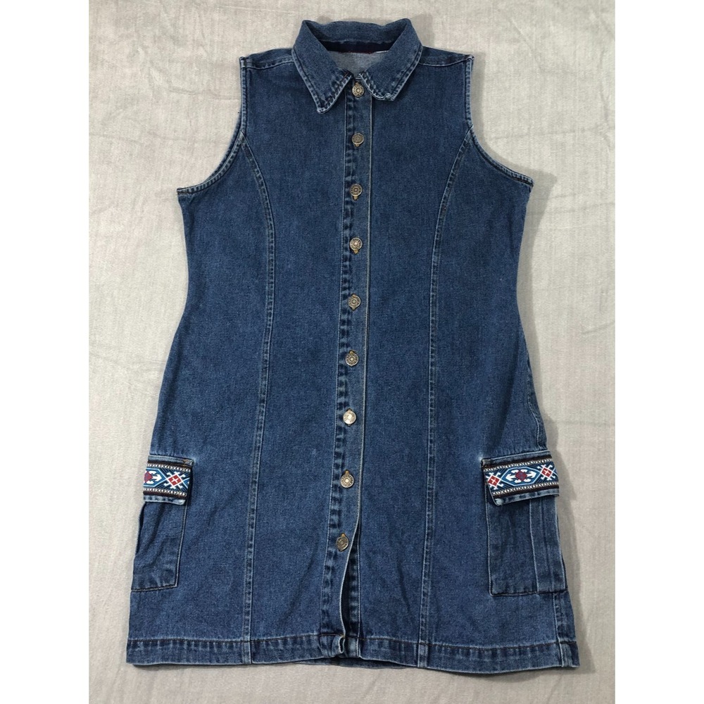 Contact Jeans Denim Dress Women S Embroidered Pocket Flaps Full Button Close VTG